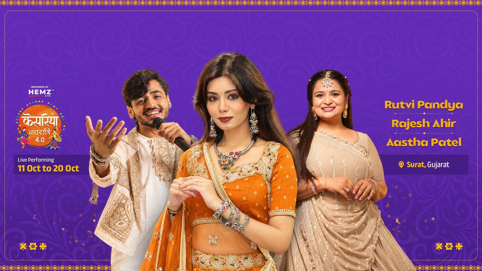 Kesariya Navratri 4.0 — Rutvi Pandya, Rajesh Ahir and Aastha Patel performing live 11 to 20 October at Kesariya AC Dome, Vesu, Surat